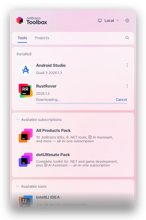 JetBrains Toolbox — the download window jtaccel accelerates