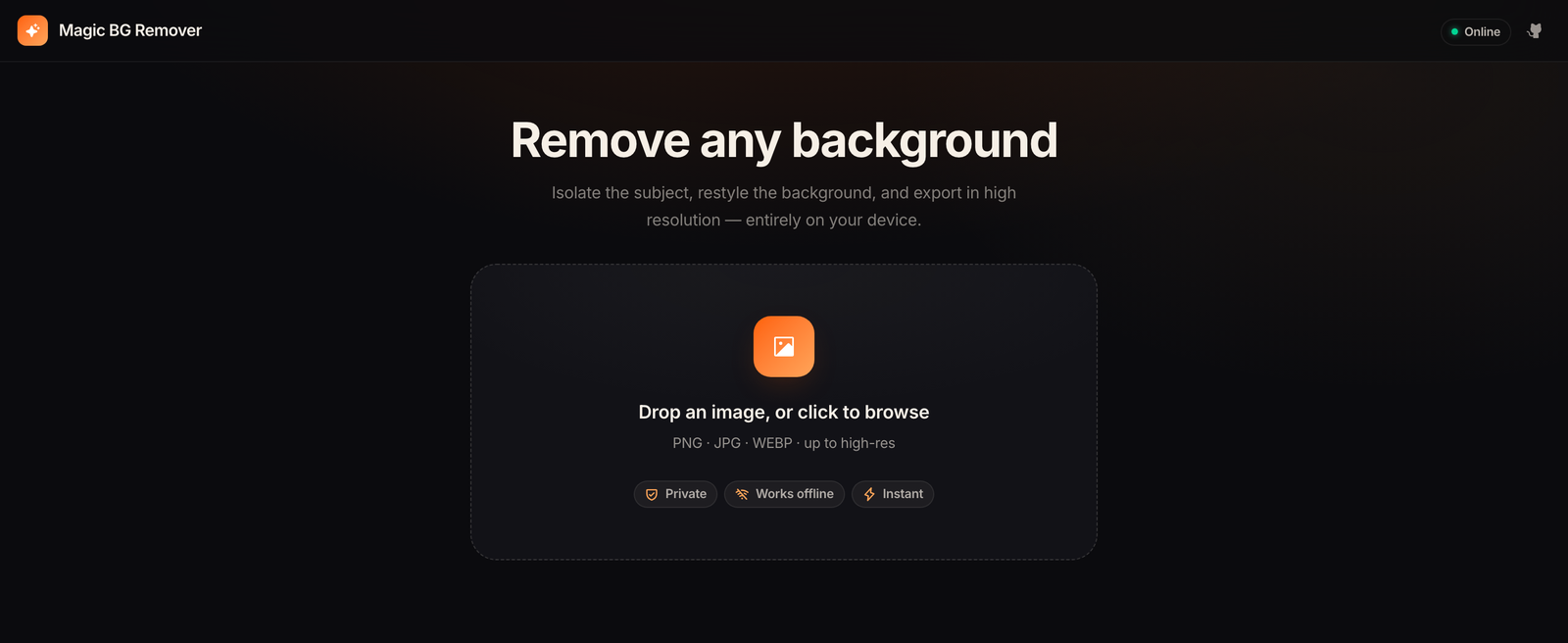 The Magic BG Remover interface, captured from the live web app