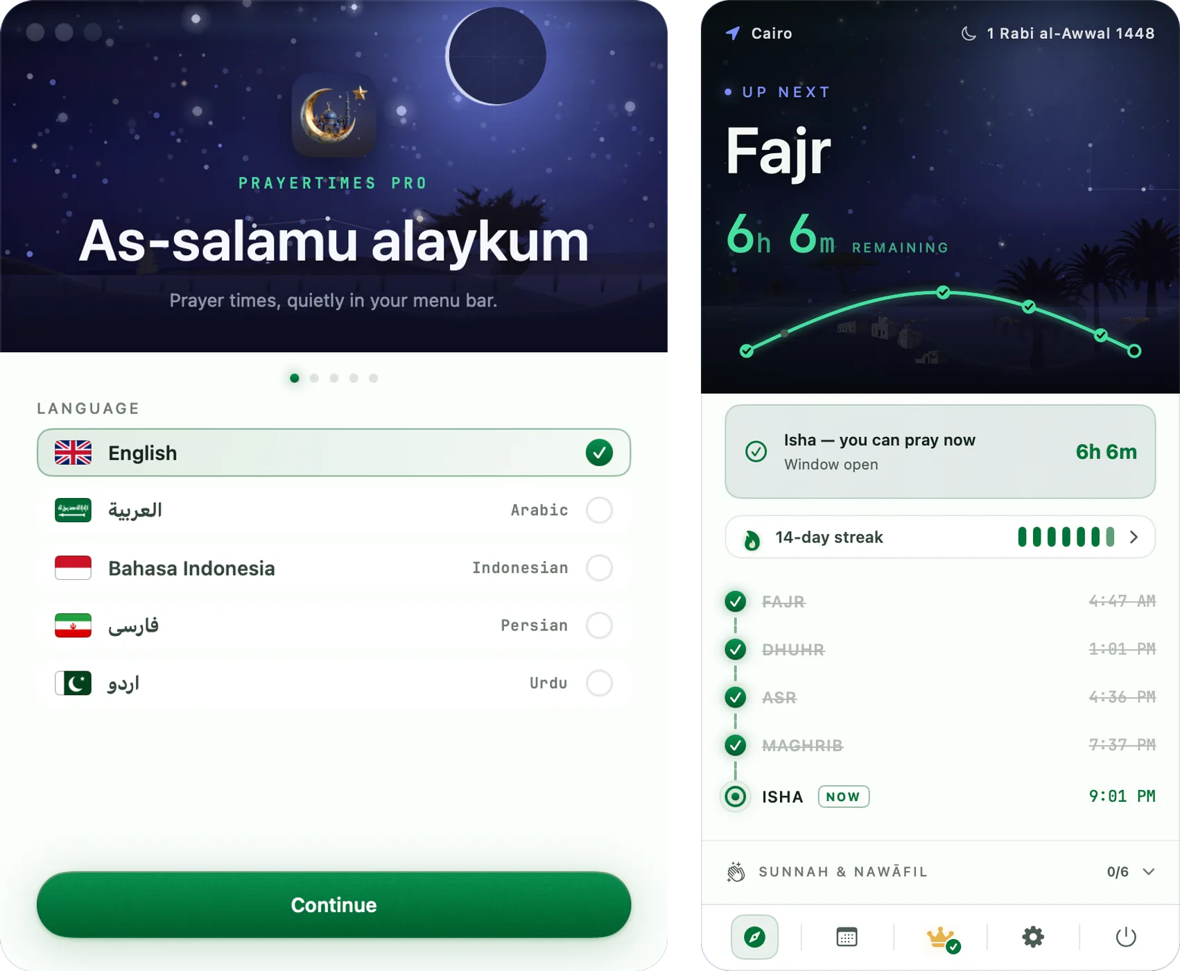 PrayerTimes Pro — App screens — welcome and the prayer timeline