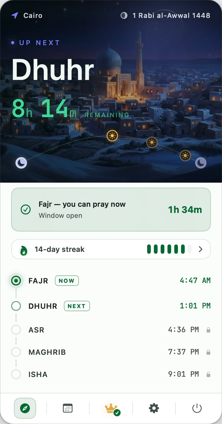 PrayerTimes Pro — Home — the day at a glance