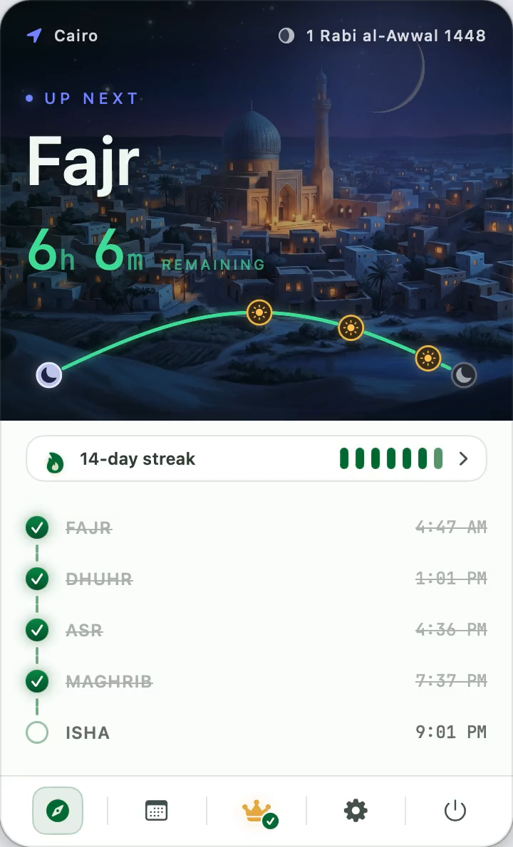 PrayerTimes Pro — Prayer log — Isha logged
