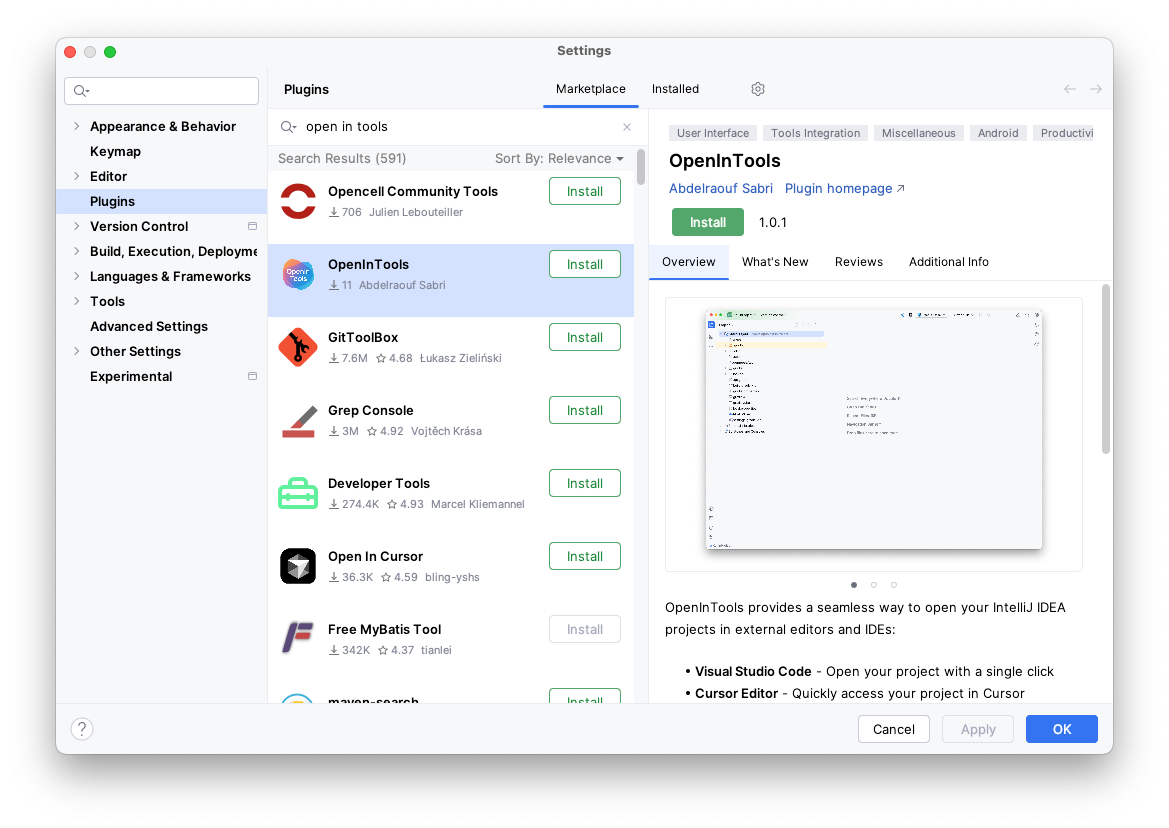 OpenInTools Settings