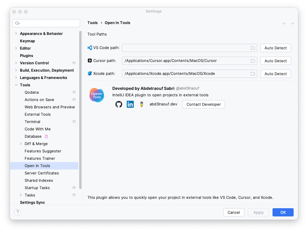 OpenInTools Settings